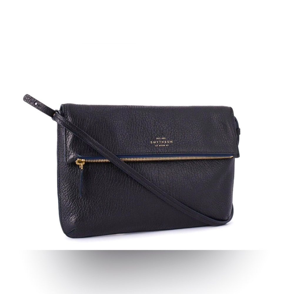 Smythson | Pebbled Leather Flap Messenger Bag in Black | Handmade in Italy